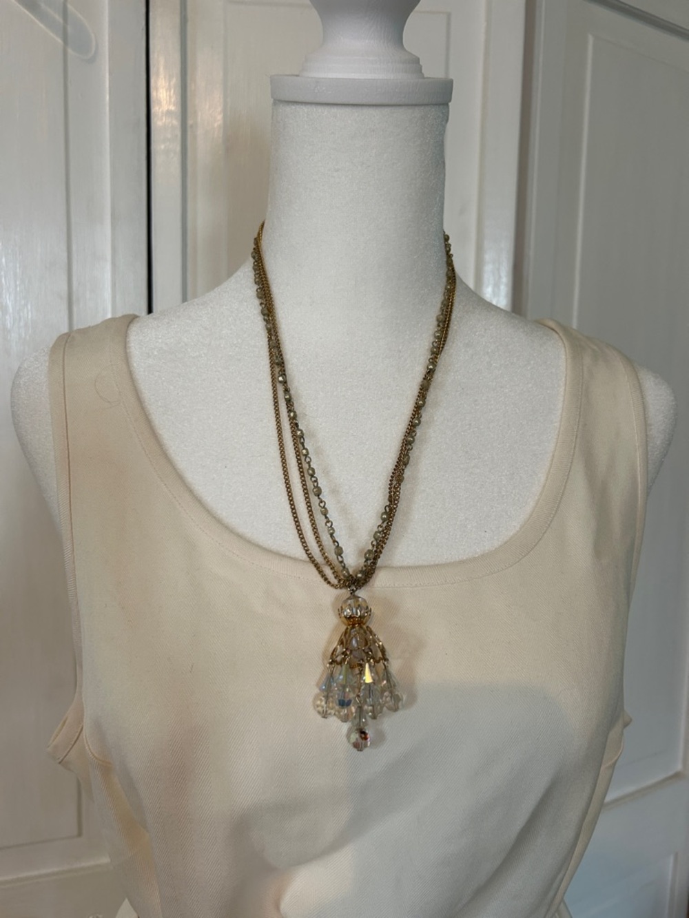 Gold-Tone Multi-Strand Necklace with AB Beaded Tassel 20"